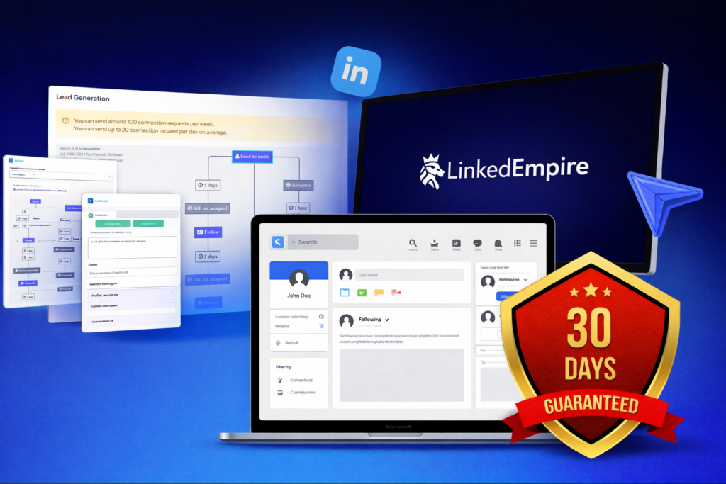 LinkedEmpire LinkedIn automation dashboard with AI outreach tools and 30-day guarantee badge
