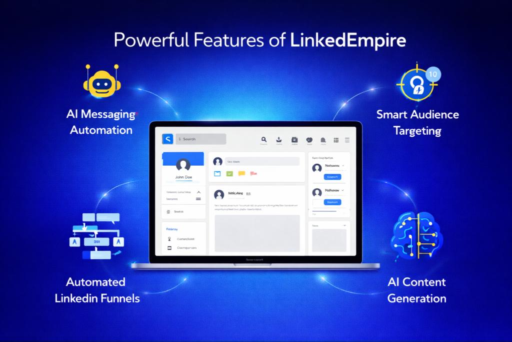 LinkedEmpire features 16:9 image showing AI messaging automation, smart audience targeting, automated LinkedIn funnels, and AI content generation dashboard