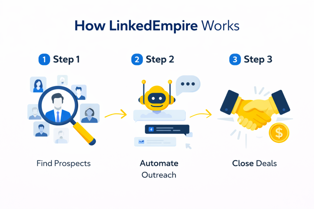 LinkedEmpire how it works 3 step process showing find prospects, automate outreach, and close deals