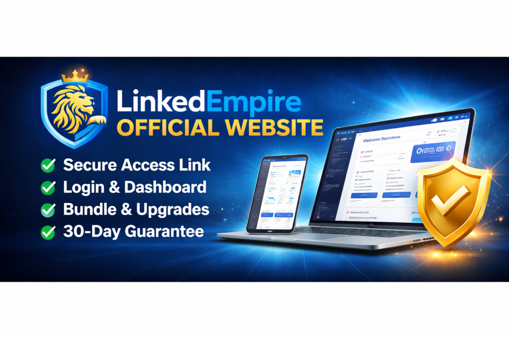 LinkedEmpire official website 16:9 banner showing LinkedIn automation dashboard and secure access portal