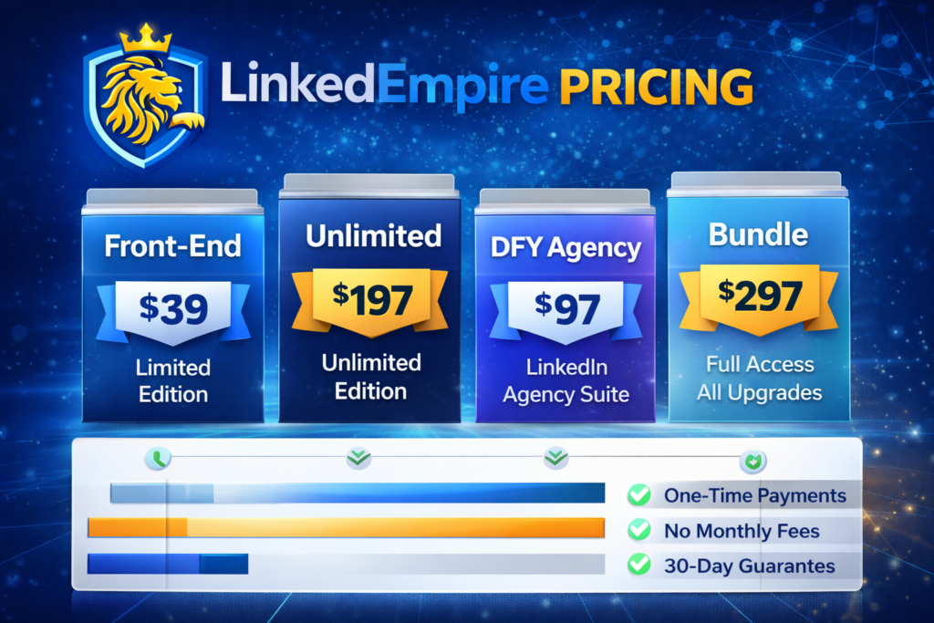LinkedEmpire pricing breakdown image showing front-end price, unlimited upgrade, agency package, and bundle options