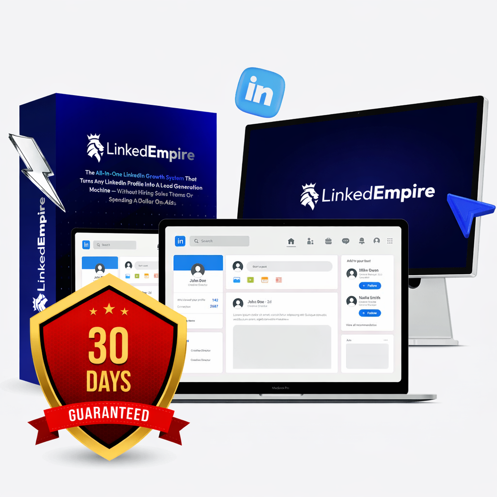 LinkedEmpire Review hero image showing LinkedIn automation dashboard, software mockup, and 30-day money-back guarantee badge